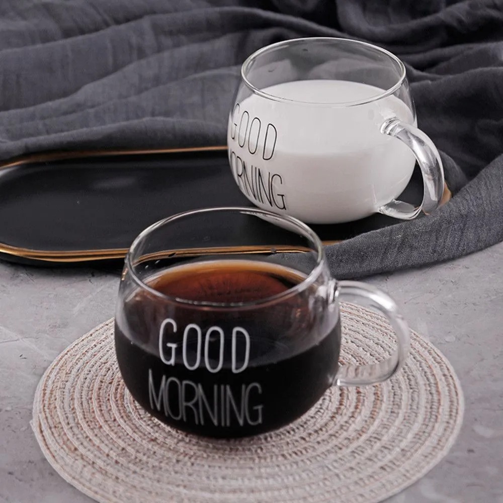 Gambar produk Cangkir Kopi Kaca Tahan Panas Good Morning Aesthetic Mug 350ml - 9H9D