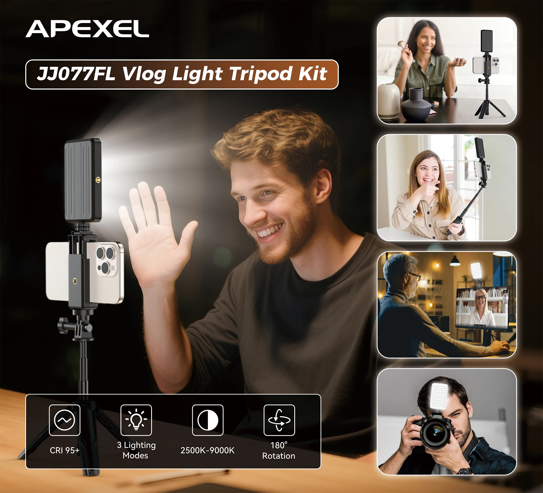 Gambar produk APEXEL Tripod HP Kamera Aksi Tongsis Monopod Portable with Fill Light - APL-JJ077FL