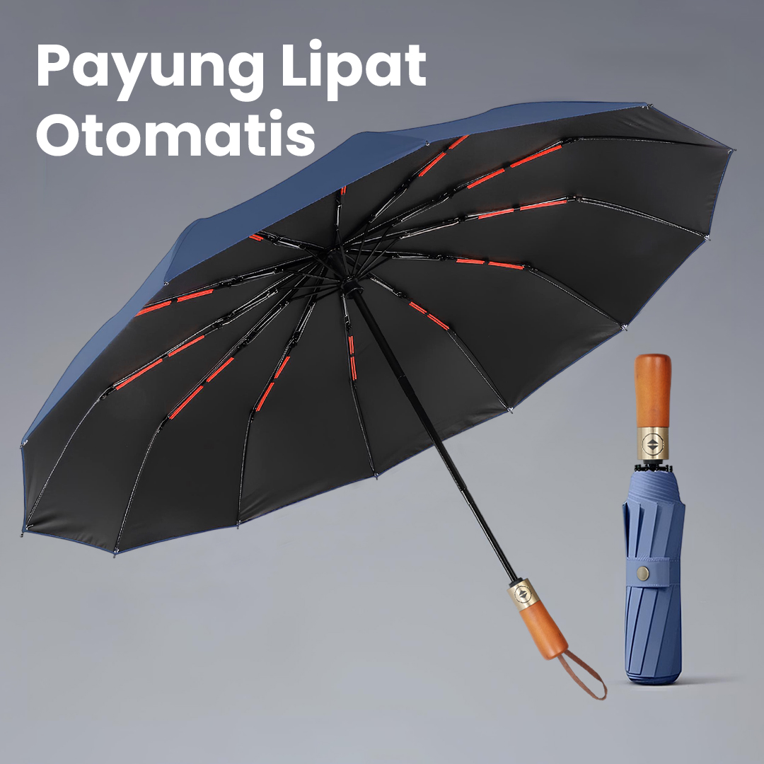 Gambar produk FRRUIWEN Payung Lipat Buka Tutup Otomatis Wood Handle 12 Bone 103cm - F-12