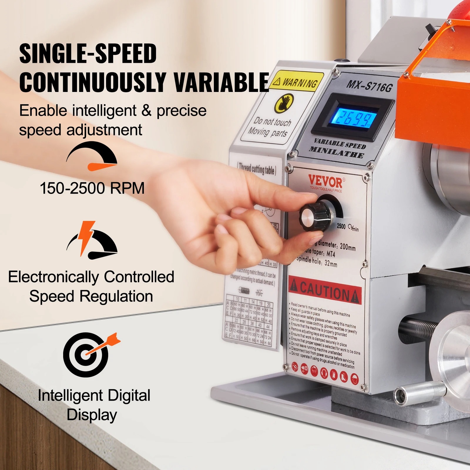 Gambar produk VEVOR Mesin Bubut Mini Lathe Beads Woodworking 2500RPM 450mm 1250W - MX-S450