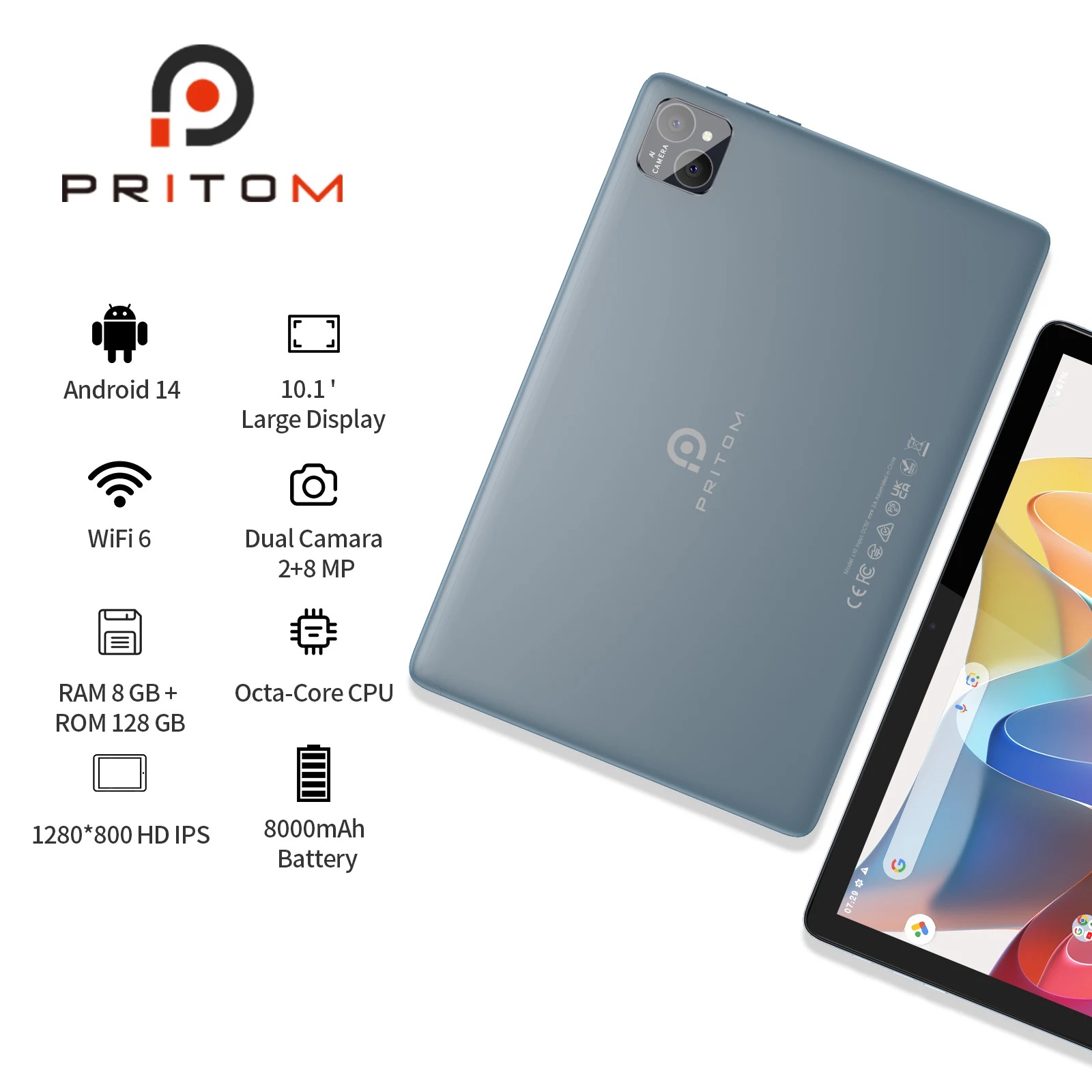 Gambar produk PRITOM Tablet Android 14 10.1 Inch IPS WiFi 4G A523 Octa Core 8000mAh - P30