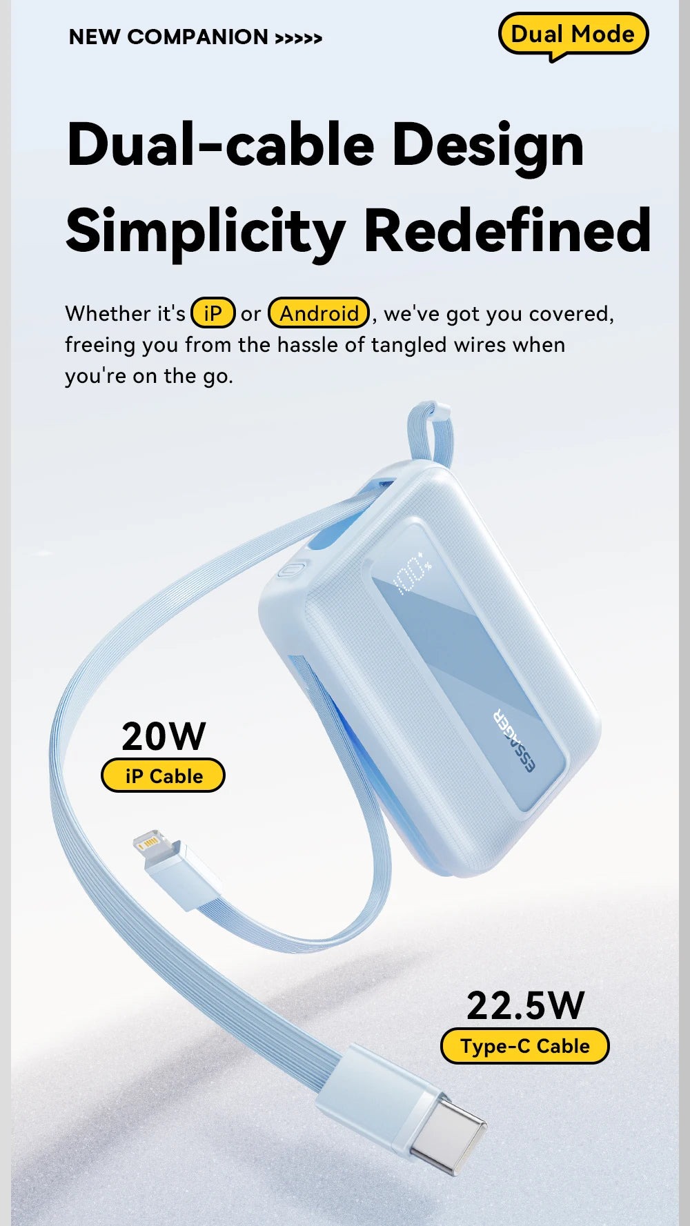 Gambar produk Essager Power Bank Digital Display USB C Builtin Cable 22.5W 20000mAh - ES-D024