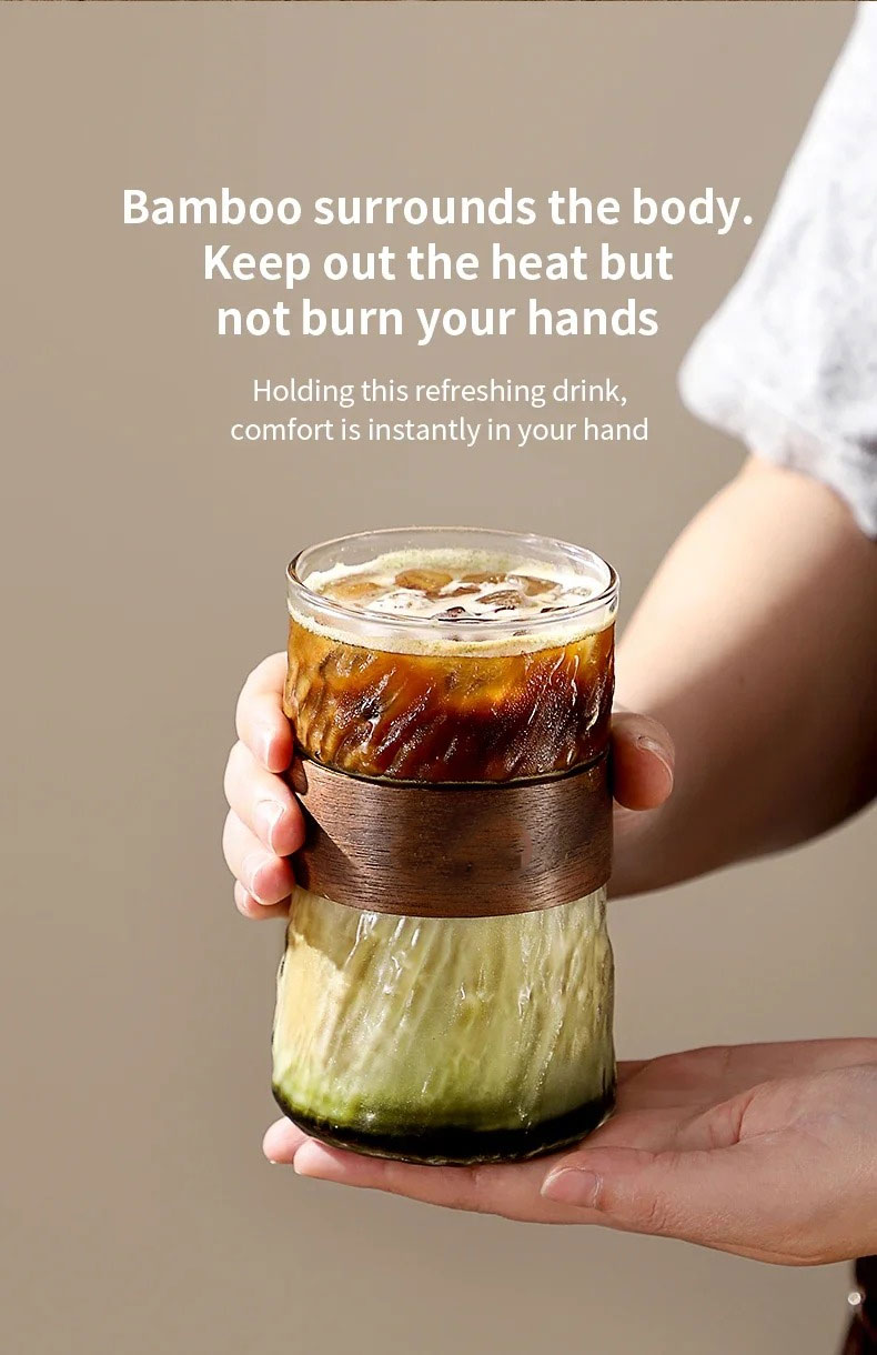 Gambar produk OKLAHOM Gelas Kopi Borosilikat Heat Resistant with Bamboo Ring 410ml - P-410