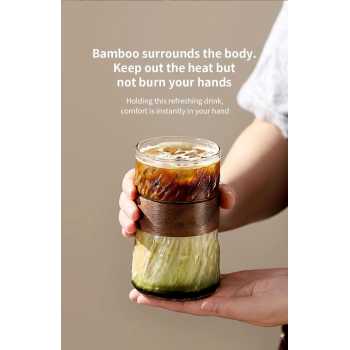 Gambar produk OKLAHOM Gelas Kopi Borosilikat Heat Resistant with Bamboo Ring 410ml - P-410