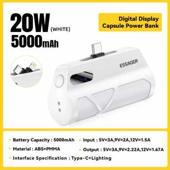 ESSAGER Power Bank Kapsul Mini 2in1 Type C Lightning PD 20W 5000mAh - QH-185