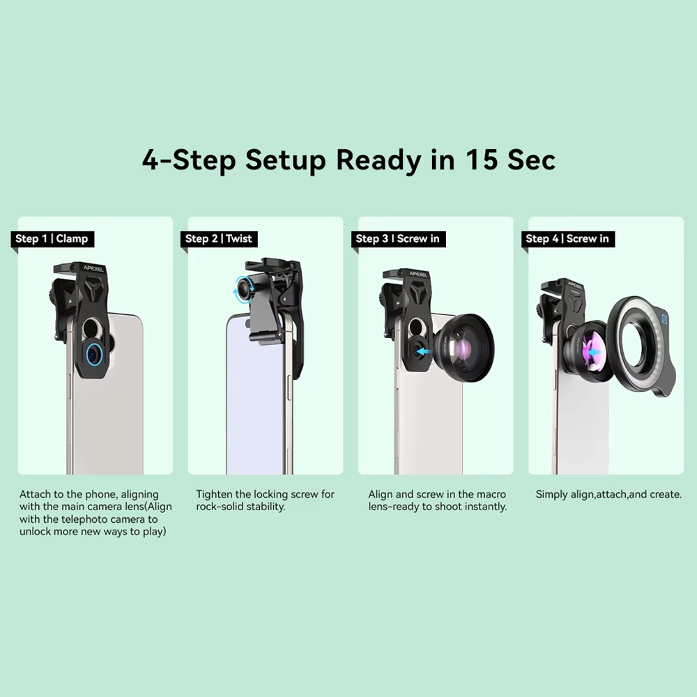 Gambar produk APEXEL Lensa Kamera HP 2in1 Macro Lens 50-110mm with Light - APL-HB100UFL