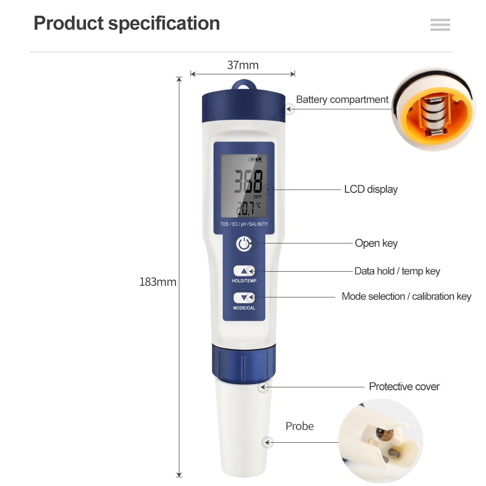 Gambar produk JUANJU Alat Ukur Kualitas Air Digital 5in1 PH TDS EC Meter Pen - J51