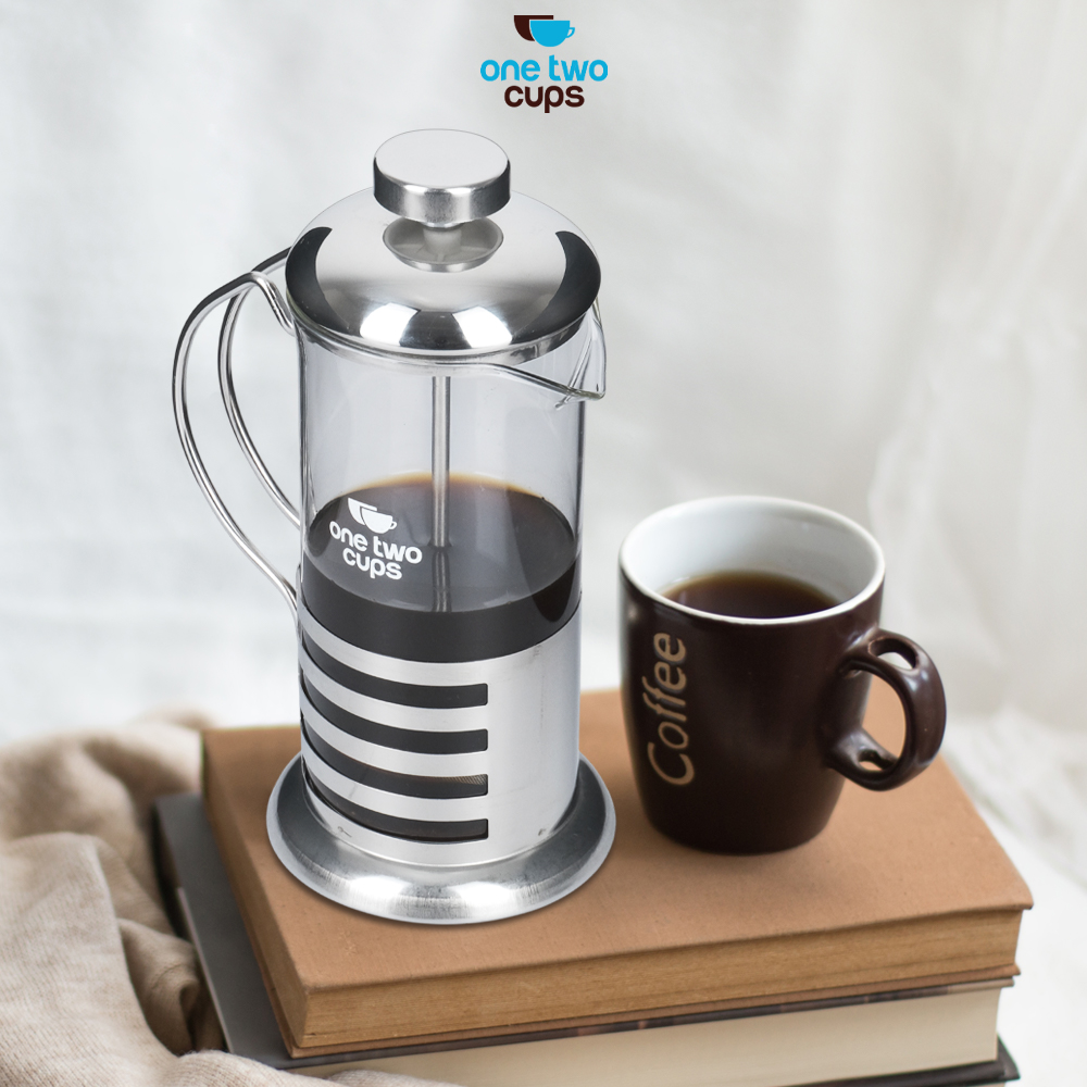 Gambar produk One Two Cups French Press Coffee Maker Pot Plunger Borosilicate 350ml Stripe - KG72I