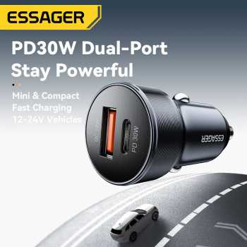 Gambar produk Essager Car Charger Mobil Fast Charging PD QC 3.0 2 Port 30W 12-24V - ECCPQ-SH03-P
