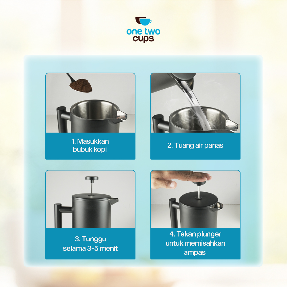 Gambar produk One Two Cups French Press Coffee Maker Pot Plunger Stainless Steel 350ml - FP1L