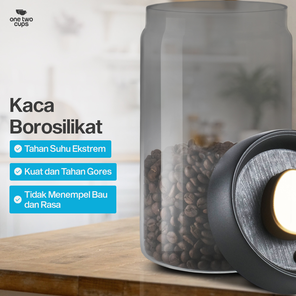 Gambar produk One Two Cups Toples Kaca Penyimpanan Biji Kopi Vacuum Sealed Lid 1.2L - SE41