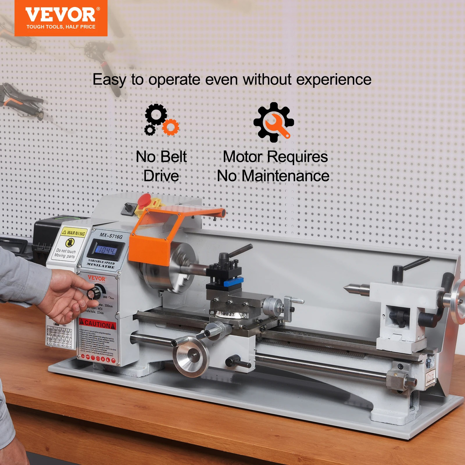 Gambar produk VEVOR Mesin Bubut Mini Lathe Beads Woodworking 2500RPM 450mm 1250W - MX-S450
