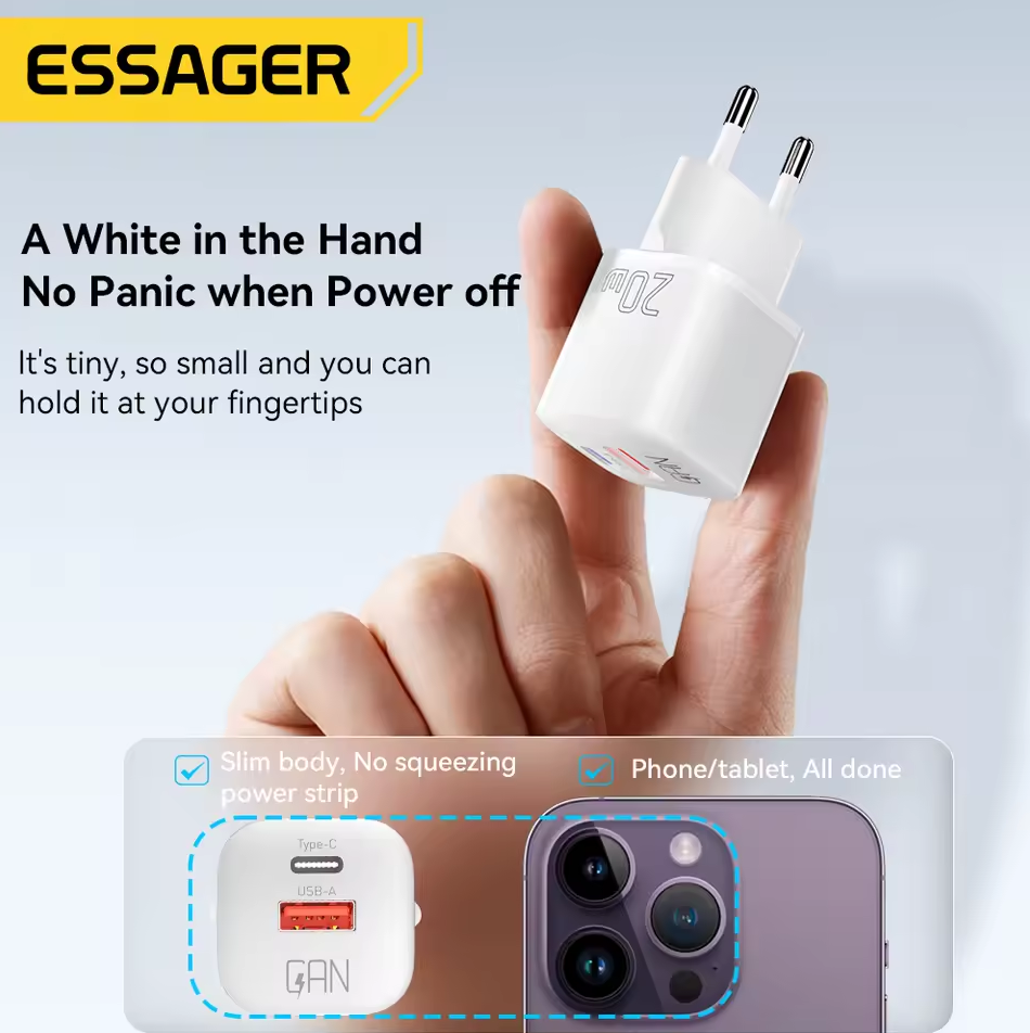 Gambar produk ESSAGER Kepala Charger Dual Port GaN Fast Charging PD USB Type C 20W - HMA01