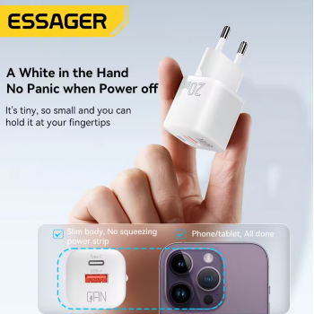 Gambar produk ESSAGER Kepala Charger Dual Port GaN Fast Charging PD USB Type C 20W - HMA01