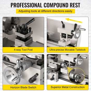 Gambar produk VEVOR Mesin Bubut Mini Lathe Beads Woodworking 2250RPM 350mm 600W - MX-8x14