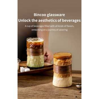 Gambar produk BINCOO Gelas Kopi Borosilikat Heat Resistant with Bamboo Ring 410ml - P-410