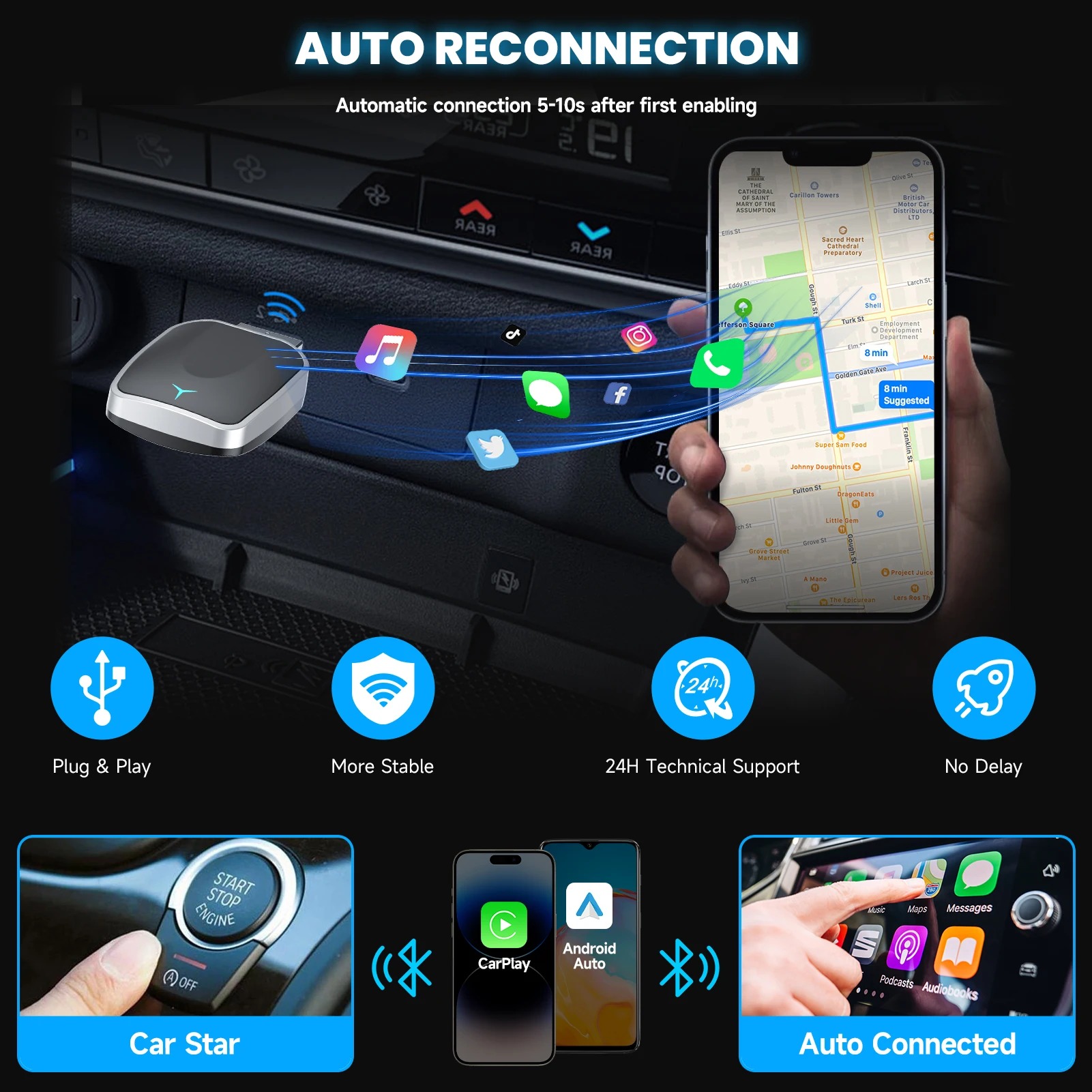 Gambar produk SPEDAL Wireless CarPlay Adapter USB Dongle Android Auto Bluetooth - OT110
