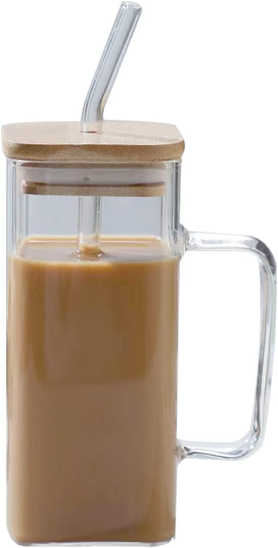 Gambar produk UKCOZY Cangkir Kopi Kaca Tahan Panas Sedotan Kotak Aesthetic Mug 350ml - UK3