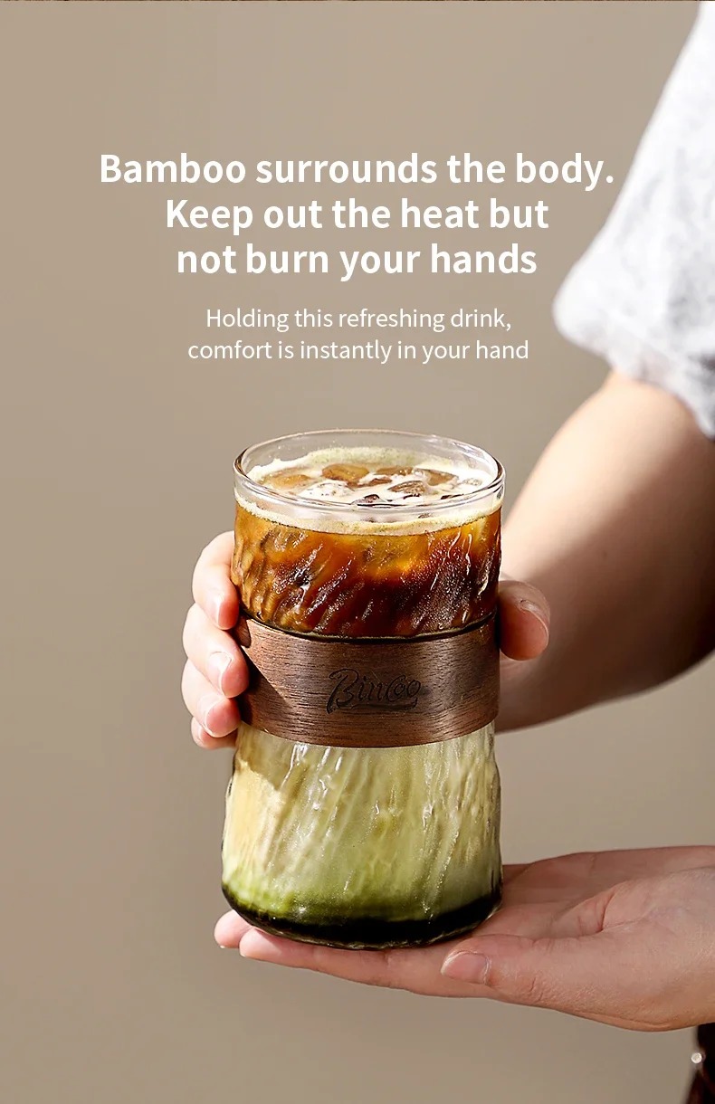 Gambar produk BINCOO Gelas Kopi Borosilikat Heat Resistant with Bamboo Ring 410ml - P-410