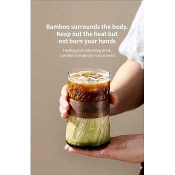 Gambar produk BINCOO Gelas Kopi Borosilikat Heat Resistant with Bamboo Ring 410ml - P-410