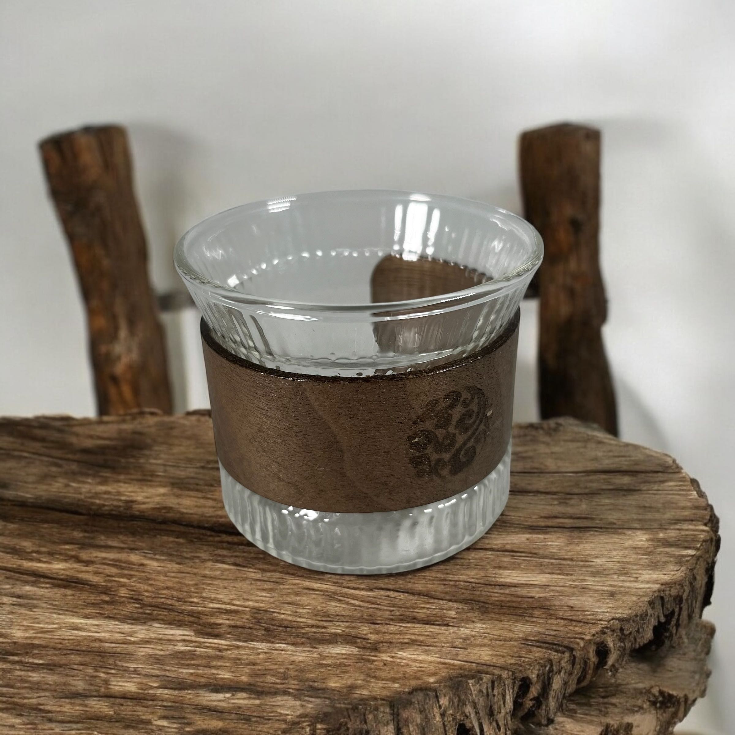 Gambar produk One Two Cups Gelas Kaca Aesthetic Kopi Teh Wood Sleeve Glass 130ml - GN13