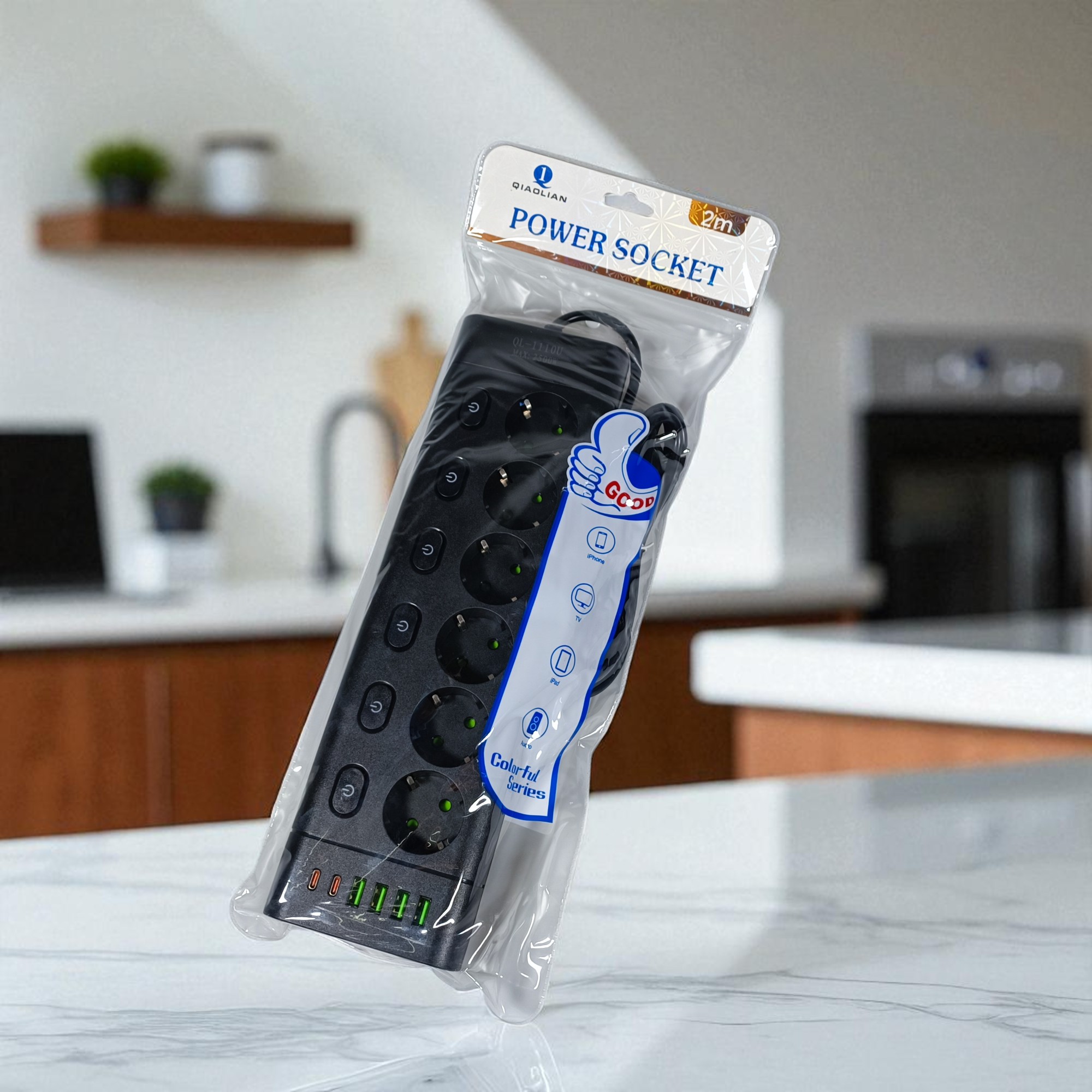 Gambar produk QIAOLIAN Stop Kontak 6 Lubang USB Type C EU Plug 10A 110-250V 2500W - QL-1110U