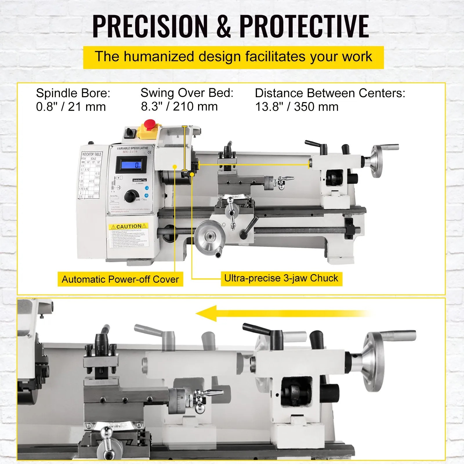 Gambar produk VEVOR Mesin Bubut Mini Lathe Beads Woodworking 2250RPM 350mm 600W - MX-8x14