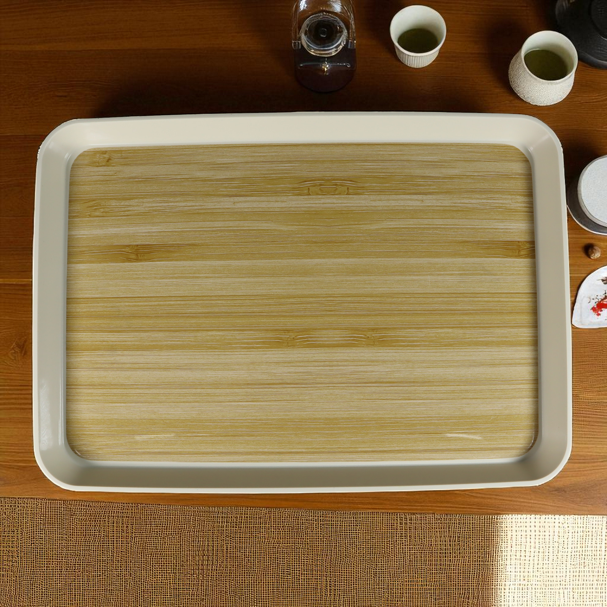 Gambar produk BANDEJA Tea Tray Japanese Wood Style Nampan Plastik Tatakan Gelas Teh L 36.8x25.8x2.8cm - BD027