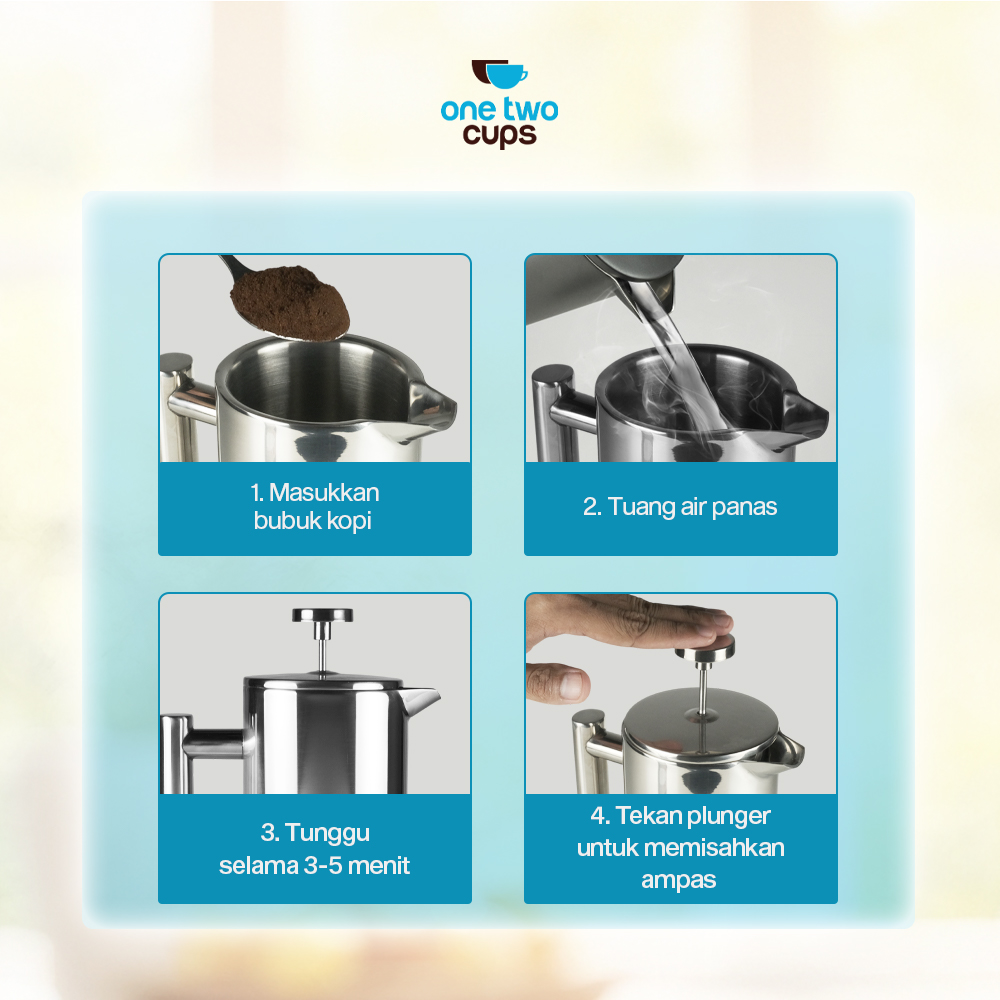 One Two Cups French Press Coffee Maker Pot Plunger Stainless Steel 800ml - FP1L Gambar produk One Two Cups French Press Coffee Maker Pot Plunger Stainless Steel 800ml - FP1L