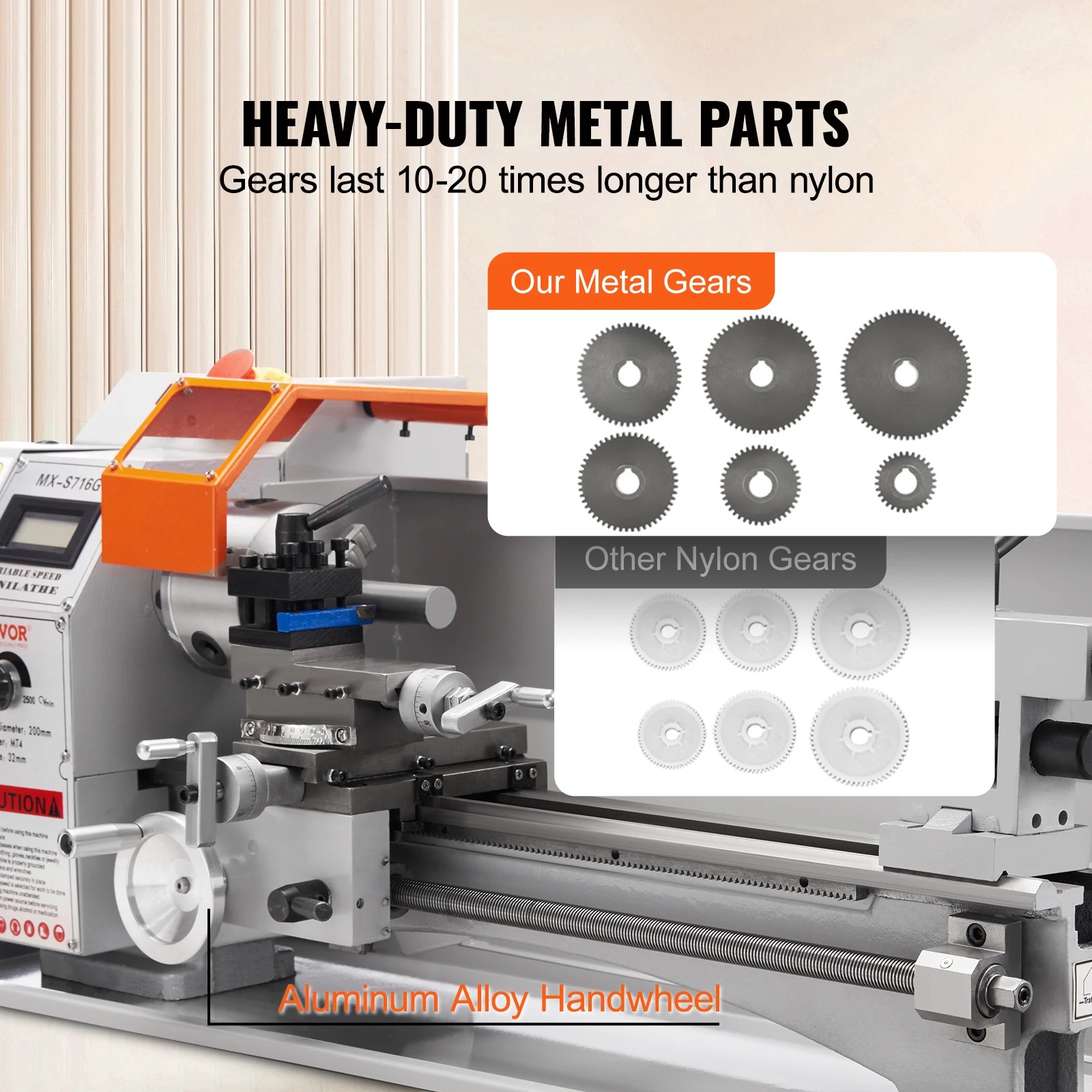Gambar produk VEVOR Mesin Bubut Mini Lathe Beads Woodworking 2500RPM 450mm 1250W - MX-S450