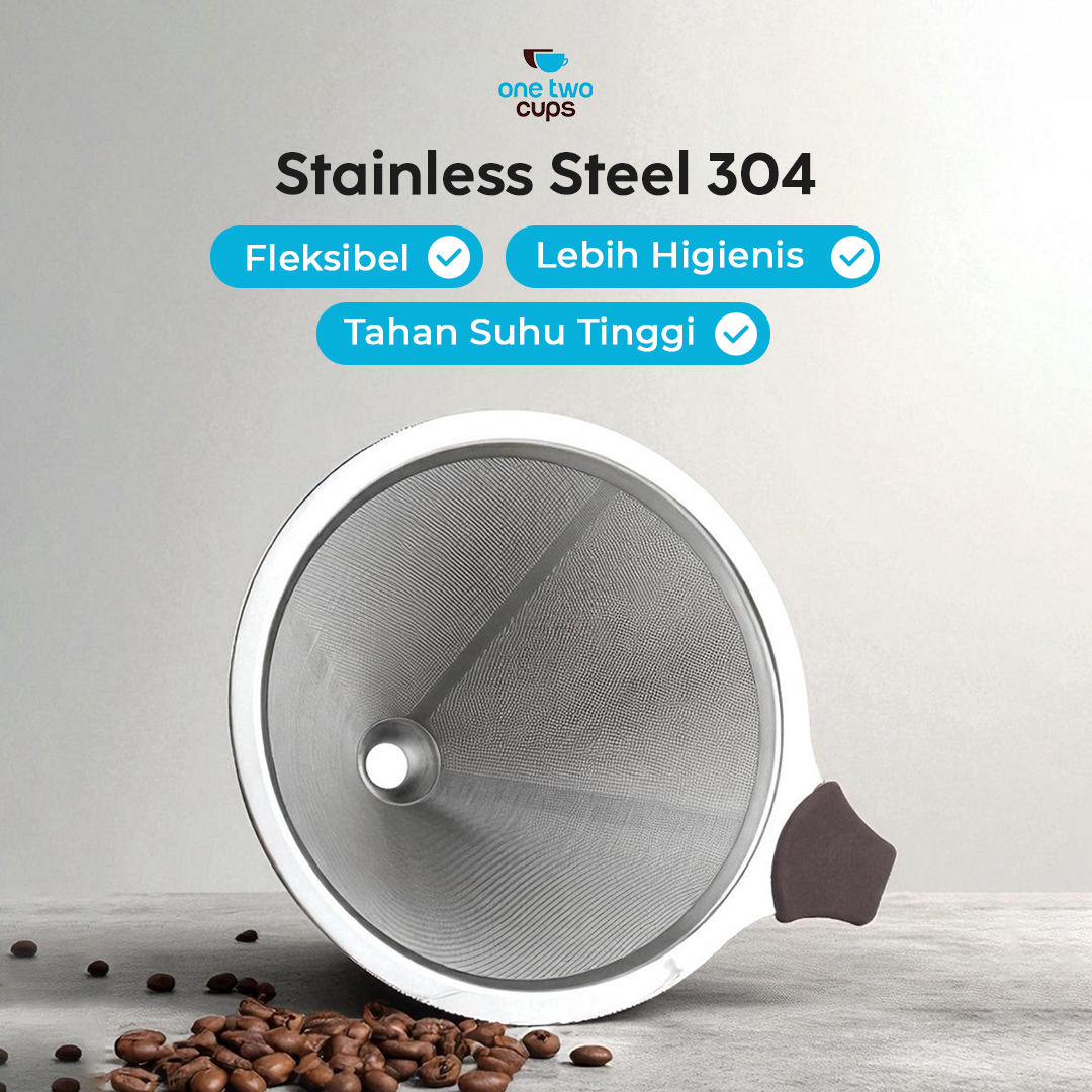 One Two Cups Saringan Kopi Stainless Steel 304 Filter V60 Large - F-412 Gambar produk One Two Cups Saringan Kopi Stainless Steel 304 Filter V60 Large - F-412