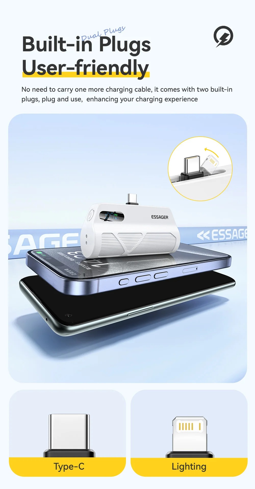 Gambar produk ESSAGER Power Bank Kapsul Mini 2in1 Type C Lightning PD 20W 5000mAh - QH-185