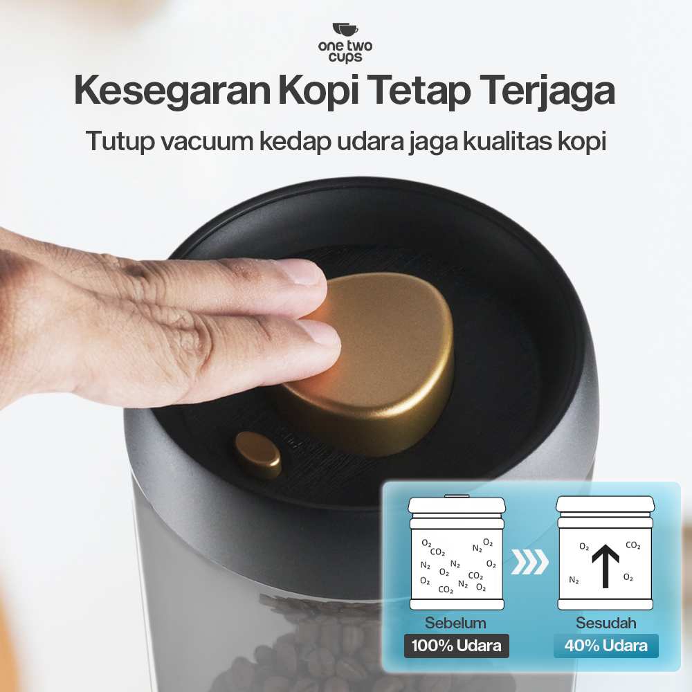 One Two Cups Toples Kaca Penyimpanan Biji Kopi Vacuum Sealed Lid 1.8L - SE41 Gambar produk One Two Cups Toples Kaca Penyimpanan Biji Kopi Vacuum Sealed Lid 1.8L - SE41