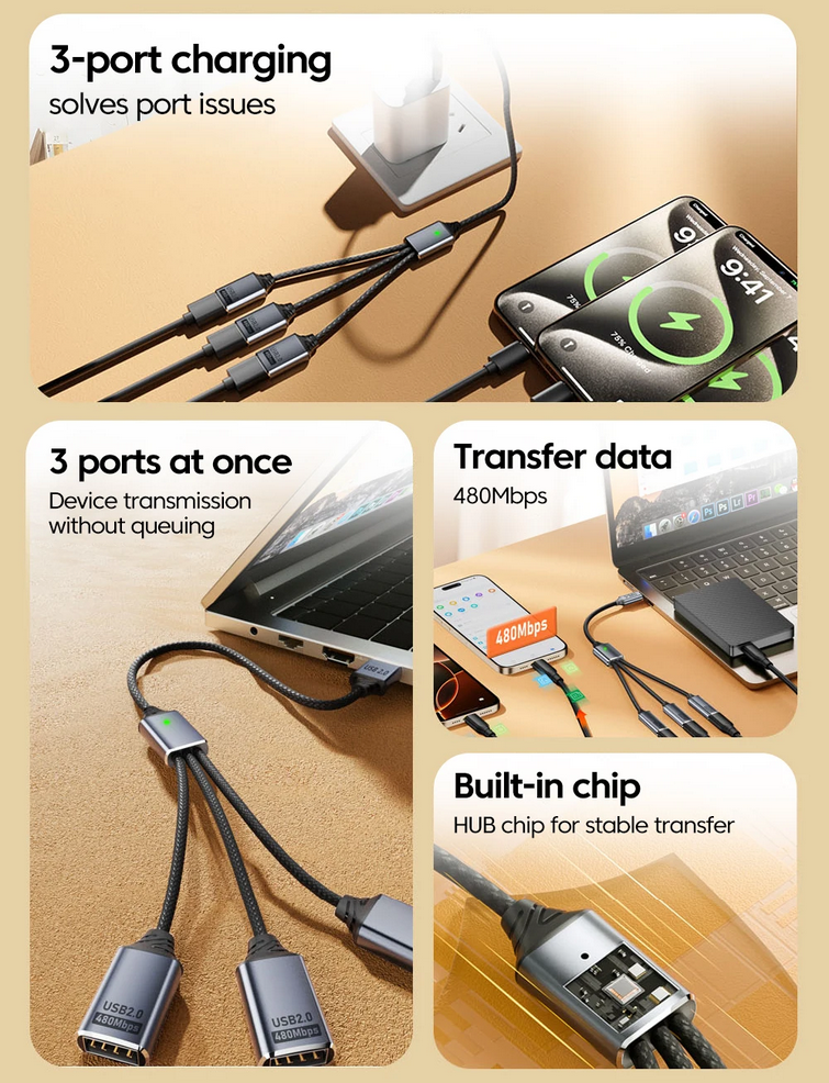 Gambar produk DIXSIG Kabel OTG Splitter 3in1 USB Type A Male to Female with Adapter - DG-102