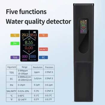 Gambar produk JUANJUAN Alat Ukur Kualitas Air Digital 5in1 PH EC TDS Meter Pen - J510