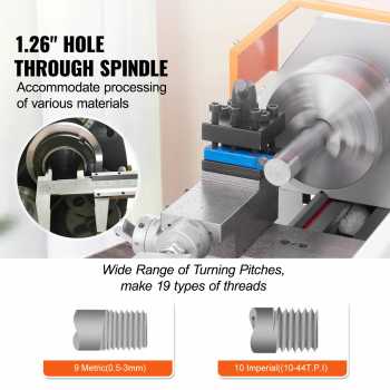 Gambar produk VEVOR Mesin Bubut Mini Lathe Beads Woodworking 2500RPM 450mm 1250W - MX-S450
