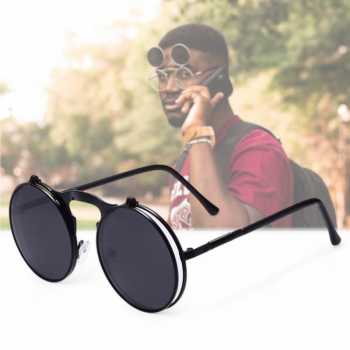 AOFLY Kacamata Hitam Round Vintage Steampunk Sunglasses