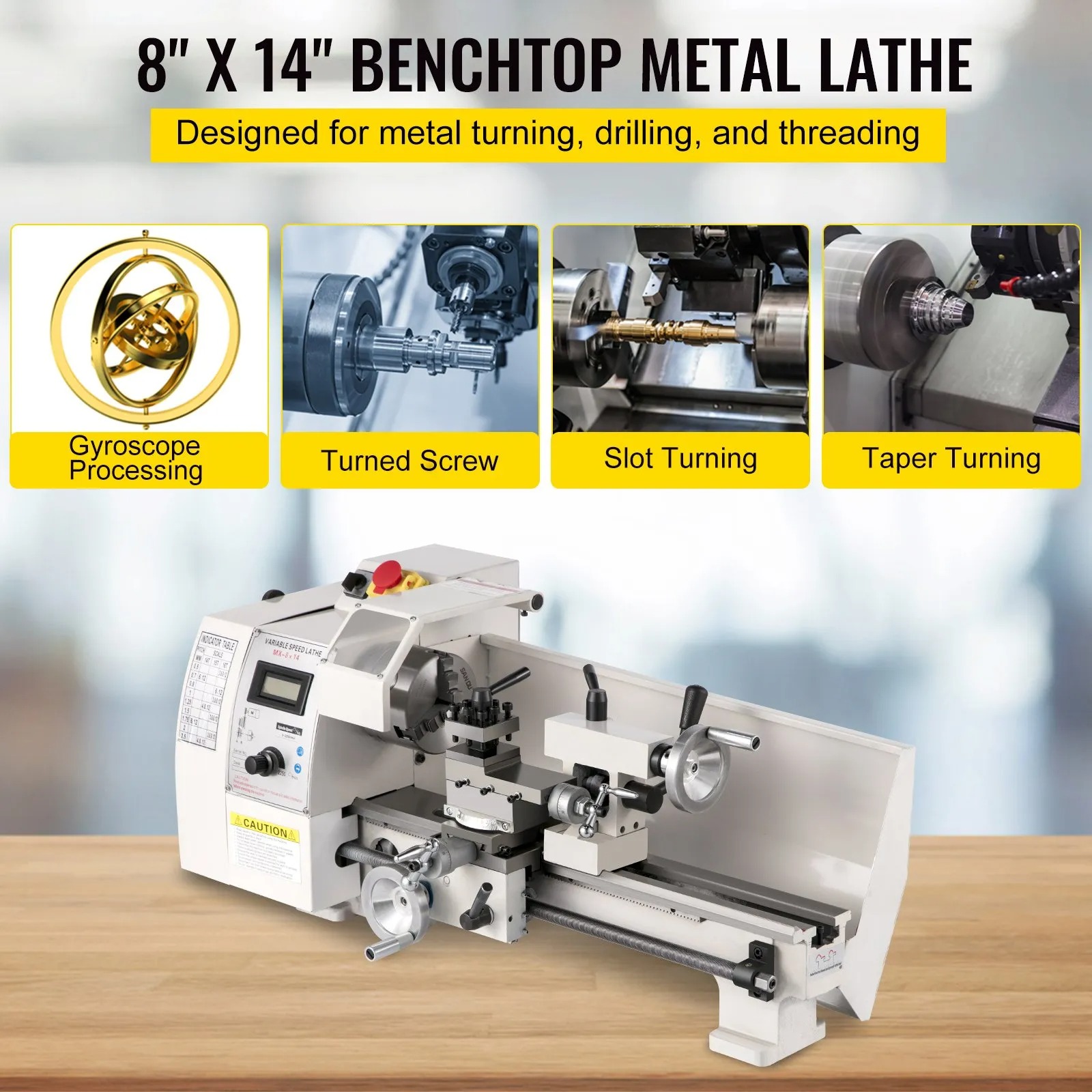 Gambar produk VEVOR Mesin Bubut Mini Lathe Beads Woodworking 2250RPM 350mm 600W - MX-8x14