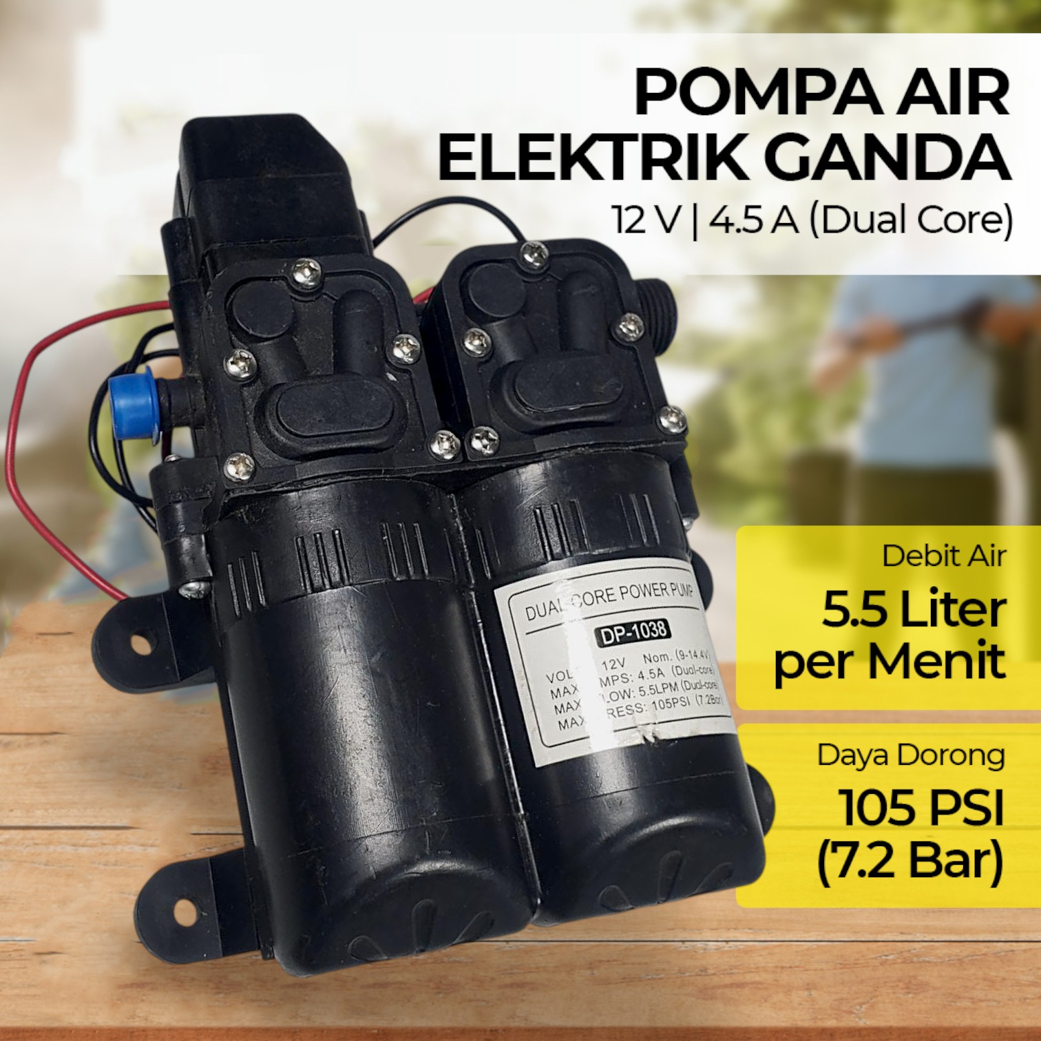 Gambar produk MUDEBI Pompa Air Elektrik Dual Core High Pressure Pump 12V 105 PSI - DP-1036