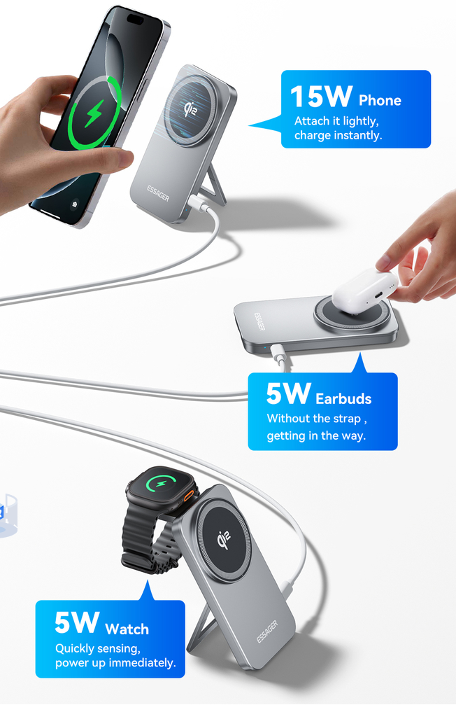 Gambar produk ESSAGER Wireless Charger Qi2 2in1 Magnetic Stand Desktop iPhone 15W - OJD-135