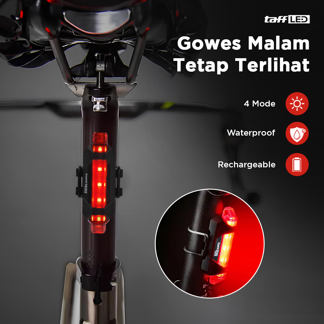 TaffLED Lampu Belakang Sepeda LED USB Rechargeable 250mAh 15 Lumens - DC-918 Gambar produk TaffLED Lampu Belakang Sepeda LED USB Rechargeable 250mAh 15 Lumens - DC-918
