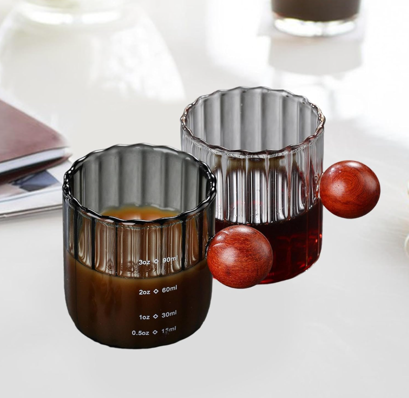 KEMORELA Gelas Takar Kopi Measuring Wooden Round Beads Glass 90ml - KS13 Gambar produk KEMORELA Gelas Takar Kopi Measuring Wooden Round Beads Glass 90ml - KS13