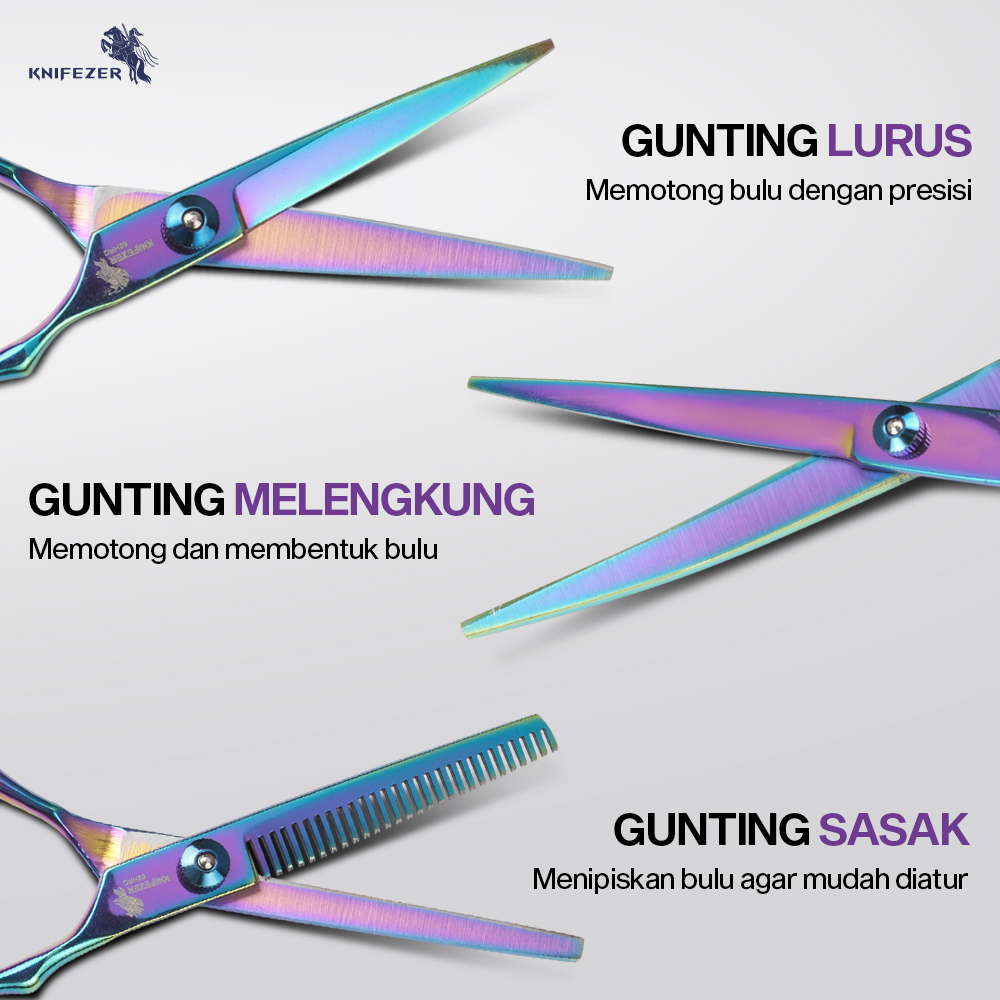 KNIFEZER Set Gunting Grooming Bulu Hewan Peliharaan 4in1 - 62HRC Gambar produk KNIFEZER Set Gunting Grooming Bulu Hewan Peliharaan 4in1 - 62HRC