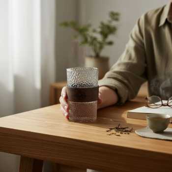 PAYGI Gelas Kaca Aesthetic Kopi Teh Japanese Wood Sleeve Glass 350ml Hammer - PG36 Gambar produk PAYGI Gelas Kaca Aesthetic Kopi Teh Japanese Wood Sleeve Glass 350ml Hammer - PG36