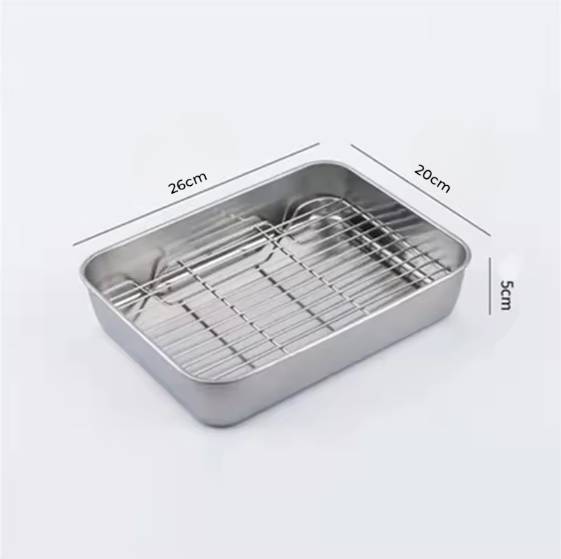 Eggy Loyang Nampan Tray Grill Pan Oven Stainless 430 with Mesh Frame 26x20x5cm - EG35 Gambar produk Eggy Loyang Nampan Tray Grill Pan Oven Stainless 430 with Mesh Frame 26x20x5cm - EG35