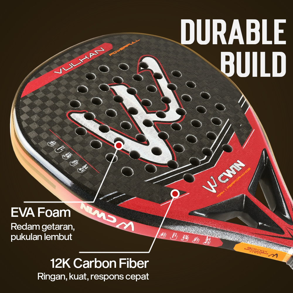 Gambar produk CWIN VULKAN Raket Padel Teardrop 12K Carbon Fiber 3.8cm Thickness 365g - 5025