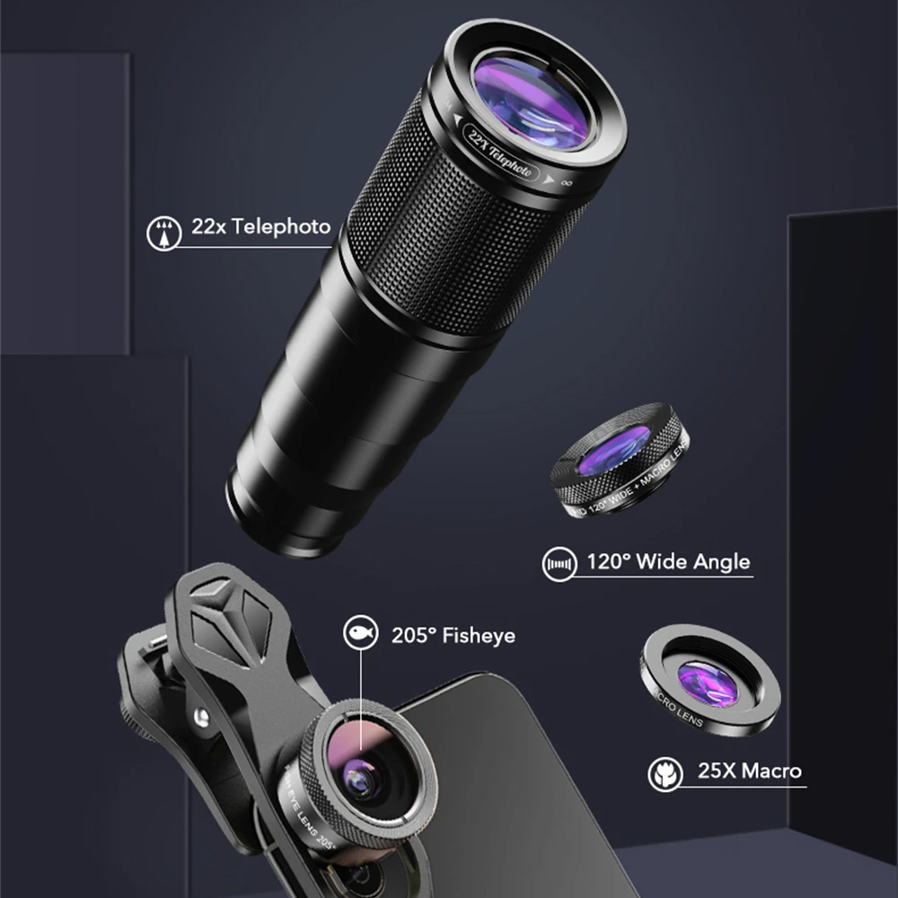 Gambar produk APEXEL Lensa Kamera 4in1 Telefoto 22x Wide Fisheye Macro with Tripod - APL-22XZJ