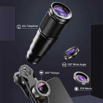 Gambar produk APEXEL Lensa Kamera 4in1 Telefoto 22x Wide Fisheye Macro with Tripod - APL-22XZJ