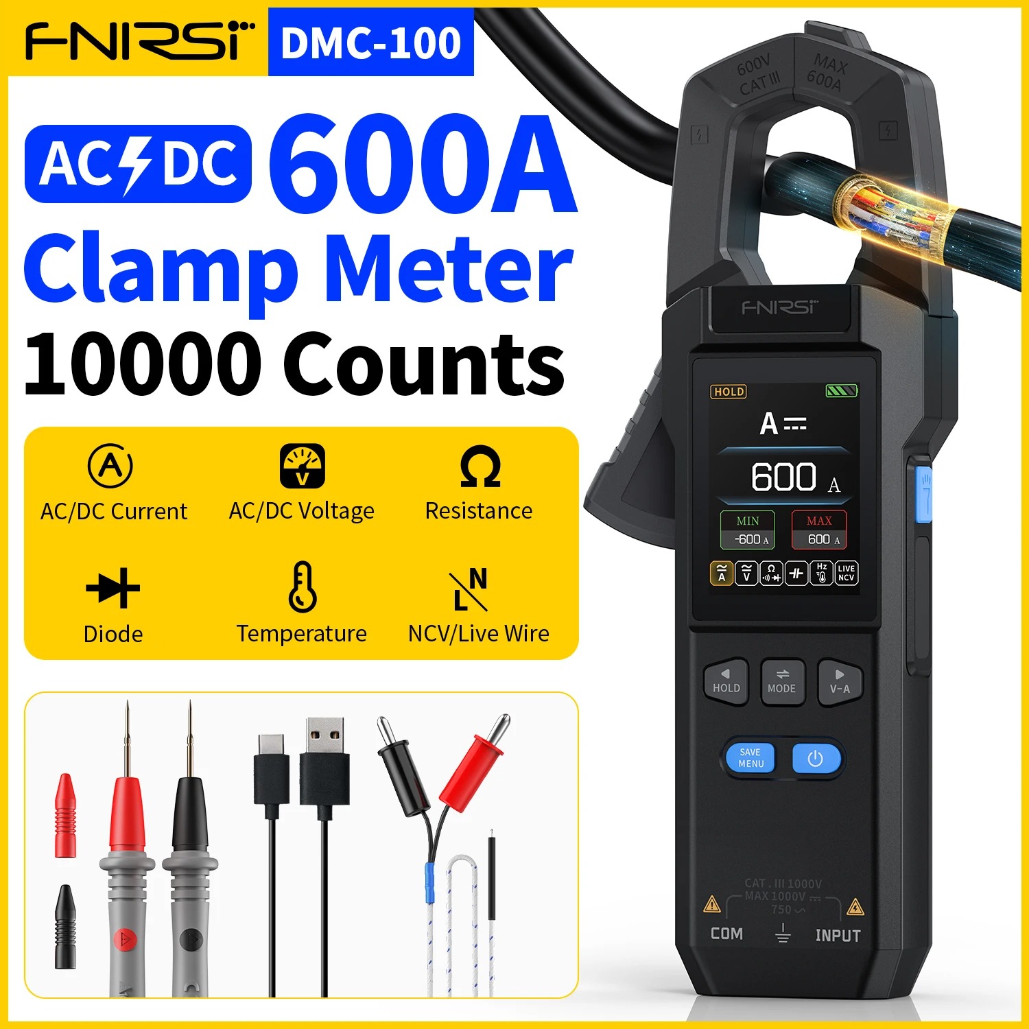 Gambar produk FNIRSI Clamp Meter Digital Multimeter Multitester 10000 Count 600A - DMC-100