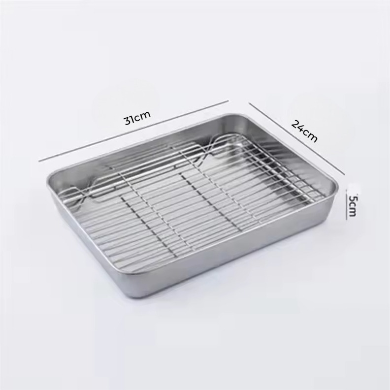 Eggy Loyang Nampan Tray Grill Pan Oven Stainless 430 with Mesh Frame 31x24x5cm - EG35 Gambar produk Eggy Loyang Nampan Tray Grill Pan Oven Stainless 430 with Mesh Frame 31x24x5cm - EG35